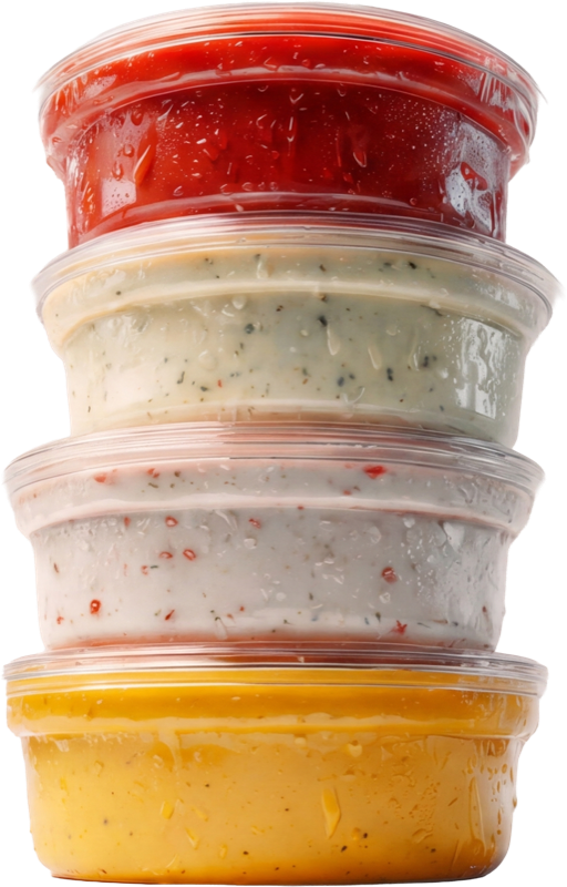 A stack of Sal's house-made dipping sauces